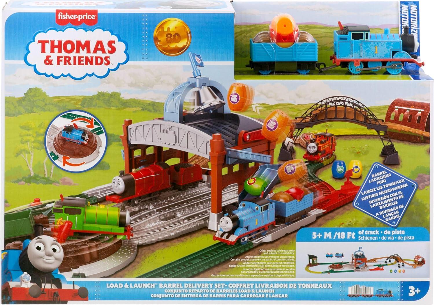 imageThomas amp Friends Toy Train Playset by FisherPrice Load amp Launch Barrel Delivery with Classic Motorized Engine amp Cargo Car 18 Feet of Track