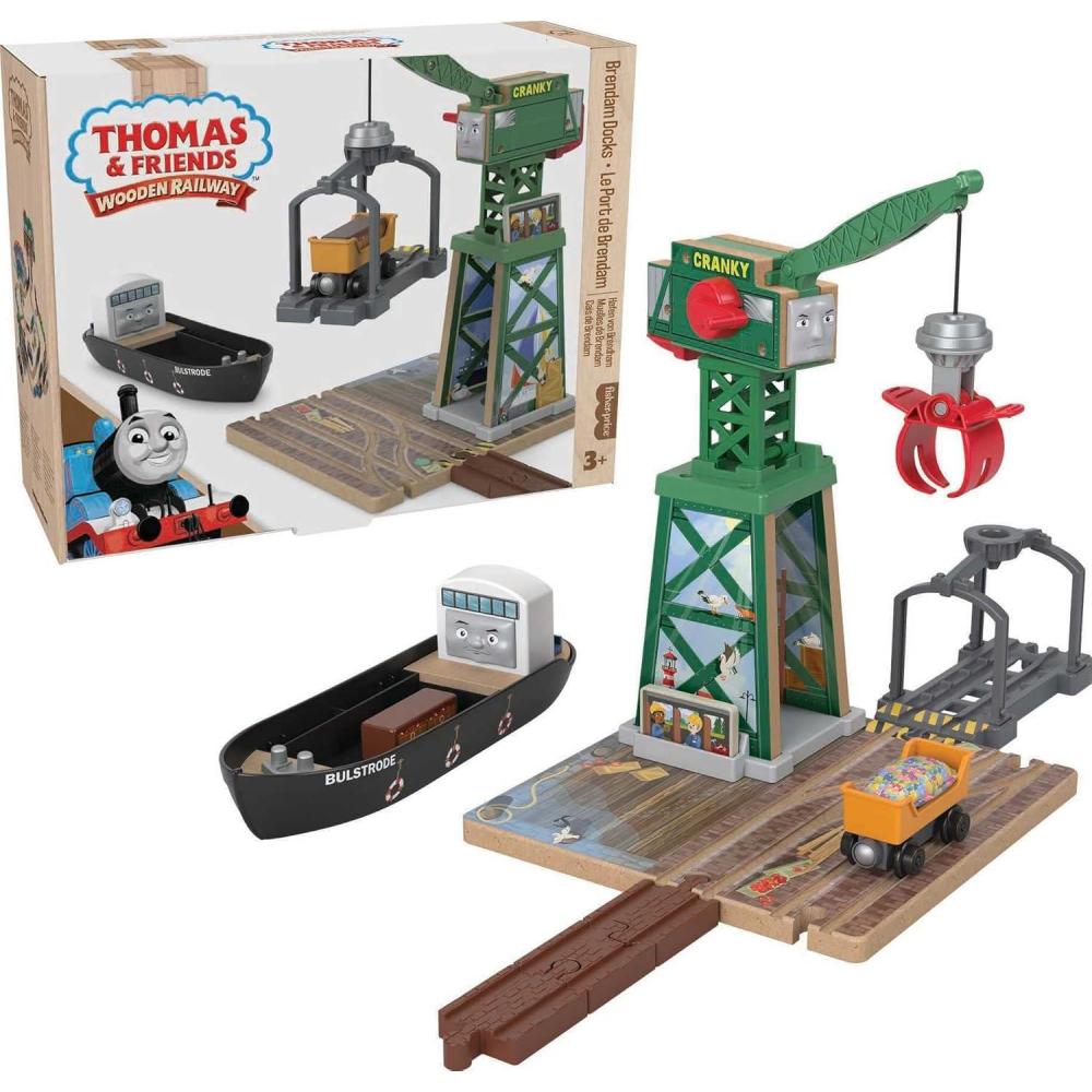 imageThomas amp Friends Wooden Railway Toy Train Set Brendam Docks Wood Playset with Cranky The Crane for Preschool Kids Ages 3 Years