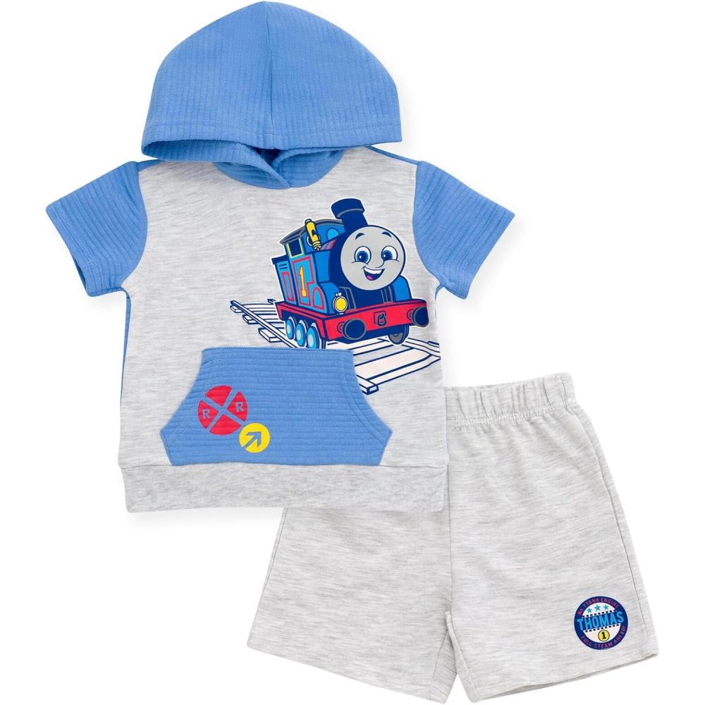 imageTHOMAS amp FRIENDS Pullover Hoodie and French Terry Shorts Newborn to Little Kid Sizes Newborn 5Light Blue Oatmeal Heather