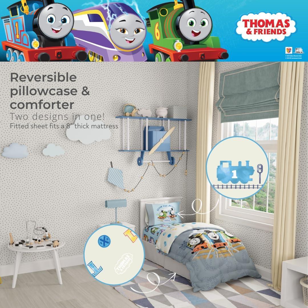 imageThomas amp Friends 4 Piece Toddler Bed Set Super Soft amp Cozy Reversible Microfiber Comforter and Sheets Officially Licensed Product by FrancoThomas Friends