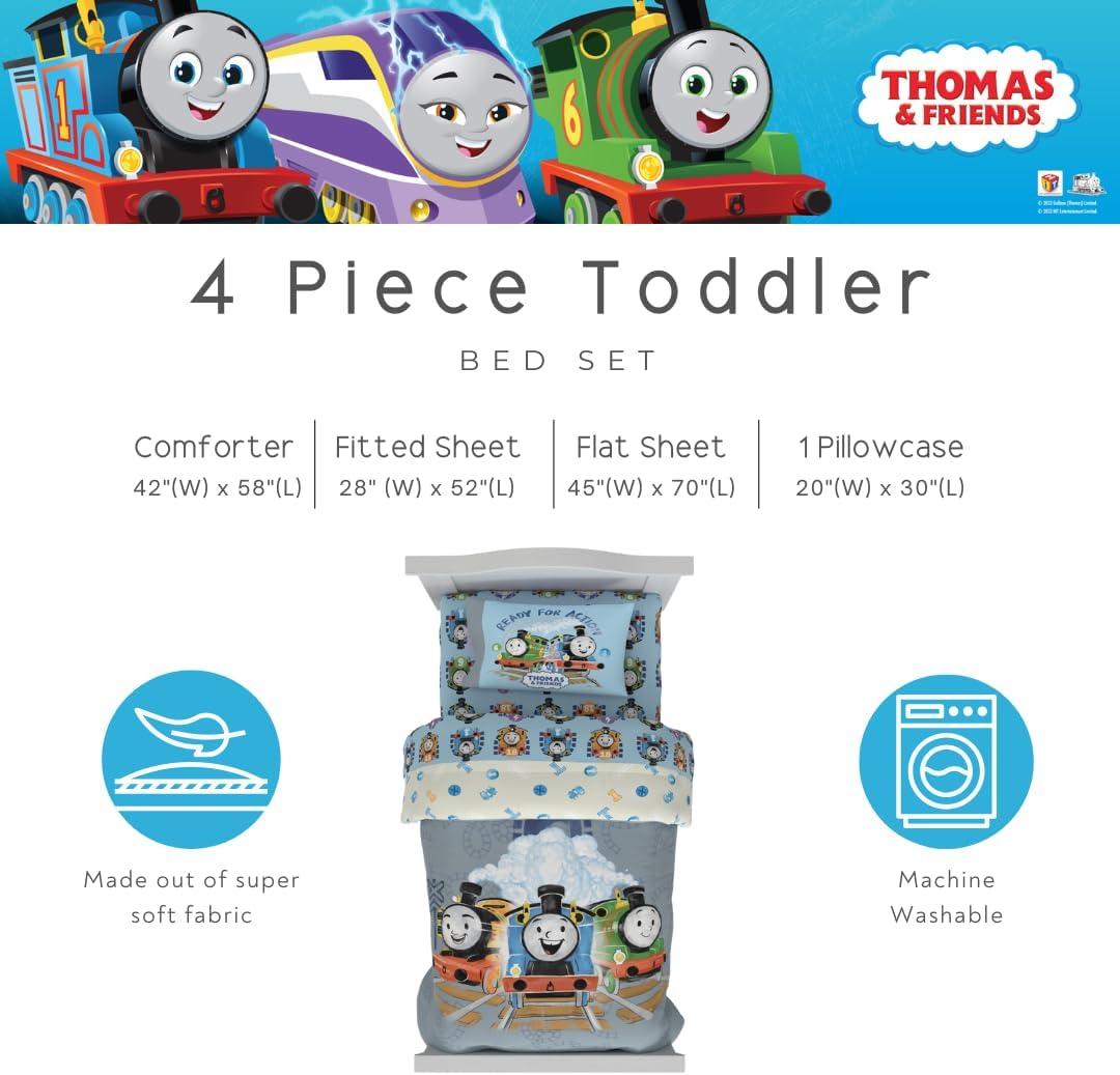 imageThomas amp Friends 4 Piece Toddler Bed Set Super Soft amp Cozy Reversible Microfiber Comforter and Sheets Officially Licensed Product by FrancoThomas Friends