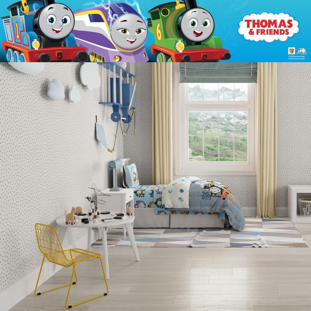 imageThomas amp Friends 4 Piece Toddler Bed Set Super Soft amp Cozy Reversible Microfiber Comforter and Sheets Officially Licensed Product by FrancoThomas Friends