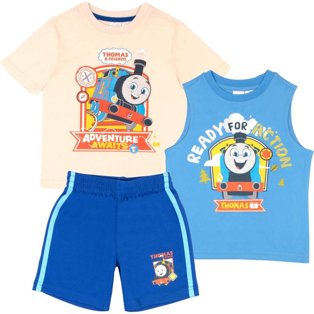 imageTHOMAS amp FRIENDS 3 Piece Short Set Thomas and Friends Short Sleeve Shirt Tank Top Shirt and Shorts 3 Pack Bundle SetGrey and Blue