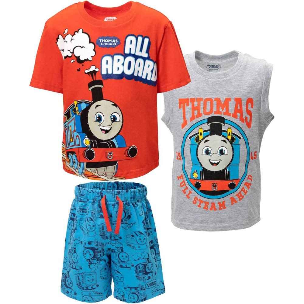 imageTHOMAS amp FRIENDS Tank Engine SizeRangeDescription1 3 Piece Outfit Set TShirt Tank Top Shorts SizeDescription1Blue Gray Red