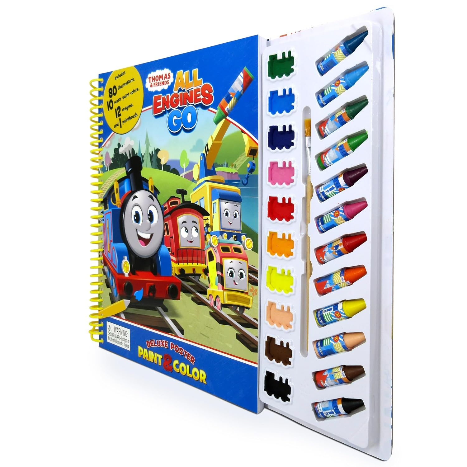 image:imageThomas All Engines Go Deluxe Poster Paint amp Color Coloring Book for kids 80 illustrations 10 watercolor paints 12 crayons 1 paint brush