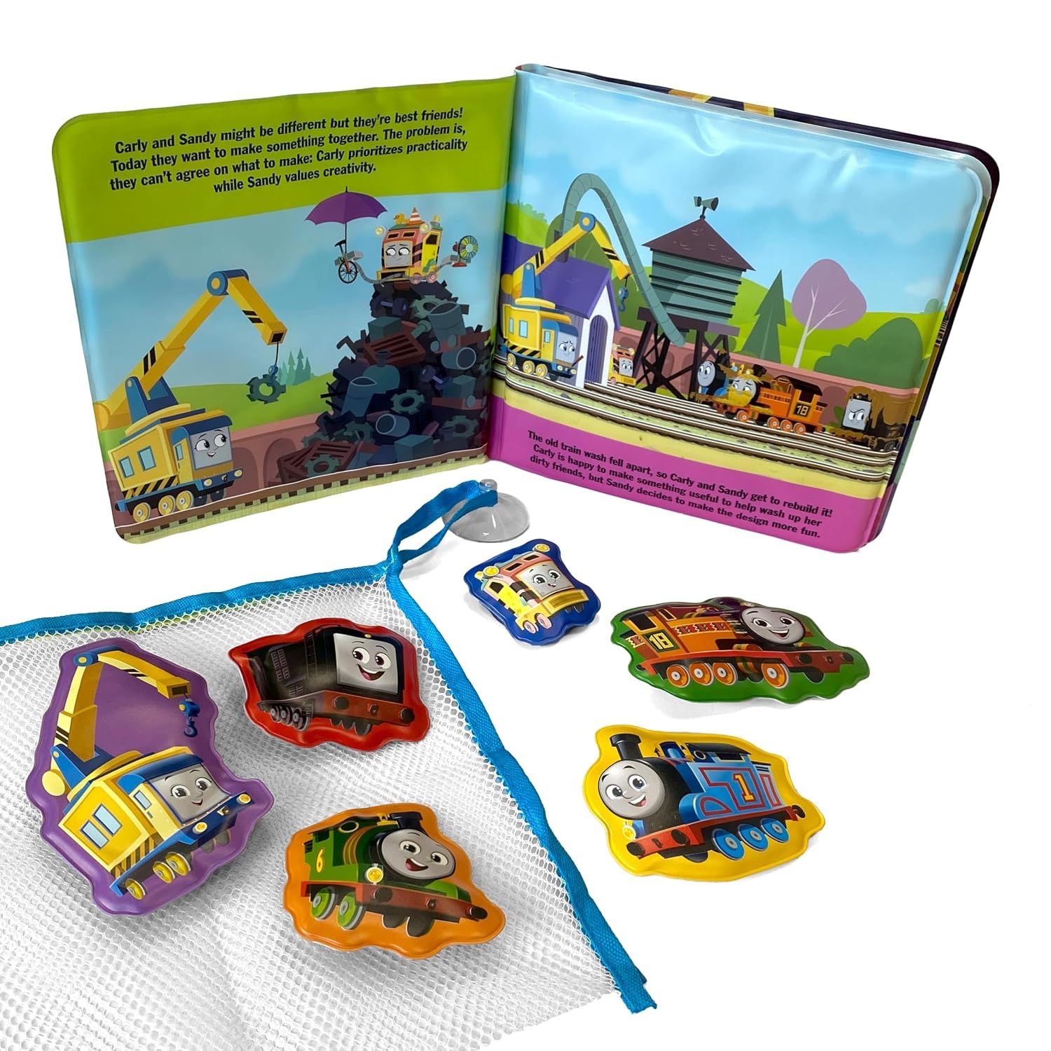 image:imageThomas amp Friends The Great Bubbly Build Bath Time Books Activity Books for kids Bath book 6 Padded suction cups 1 Mesh bag