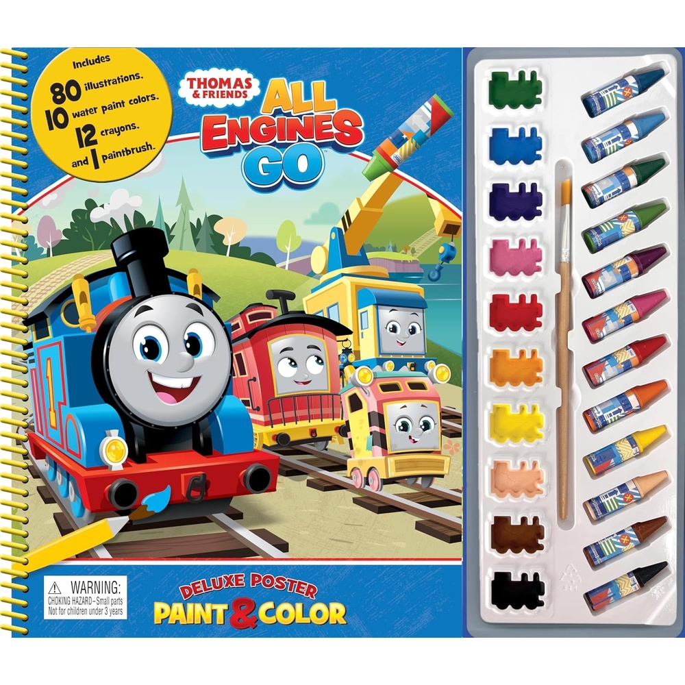 image:imageThomas All Engines Go Deluxe Poster Paint amp Color  Coloring Book for kids 80 illustrations 10 watercolor paints 12 crayons 1 paint brush